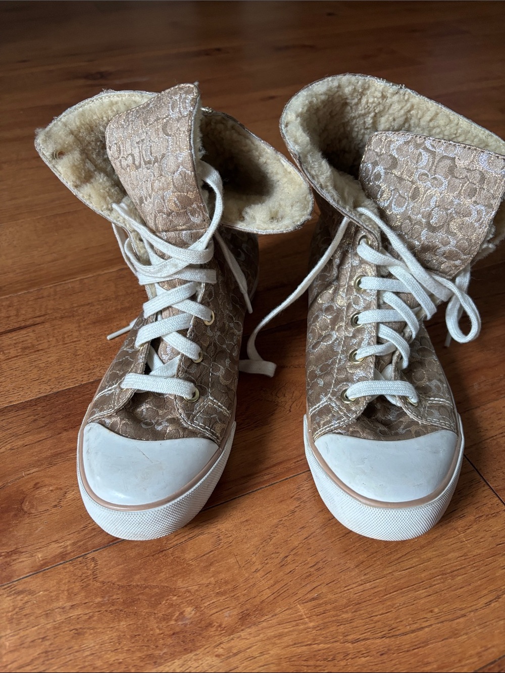 Coach Tan Monogram High-Top Sneakers with Cream Sherpa Lining